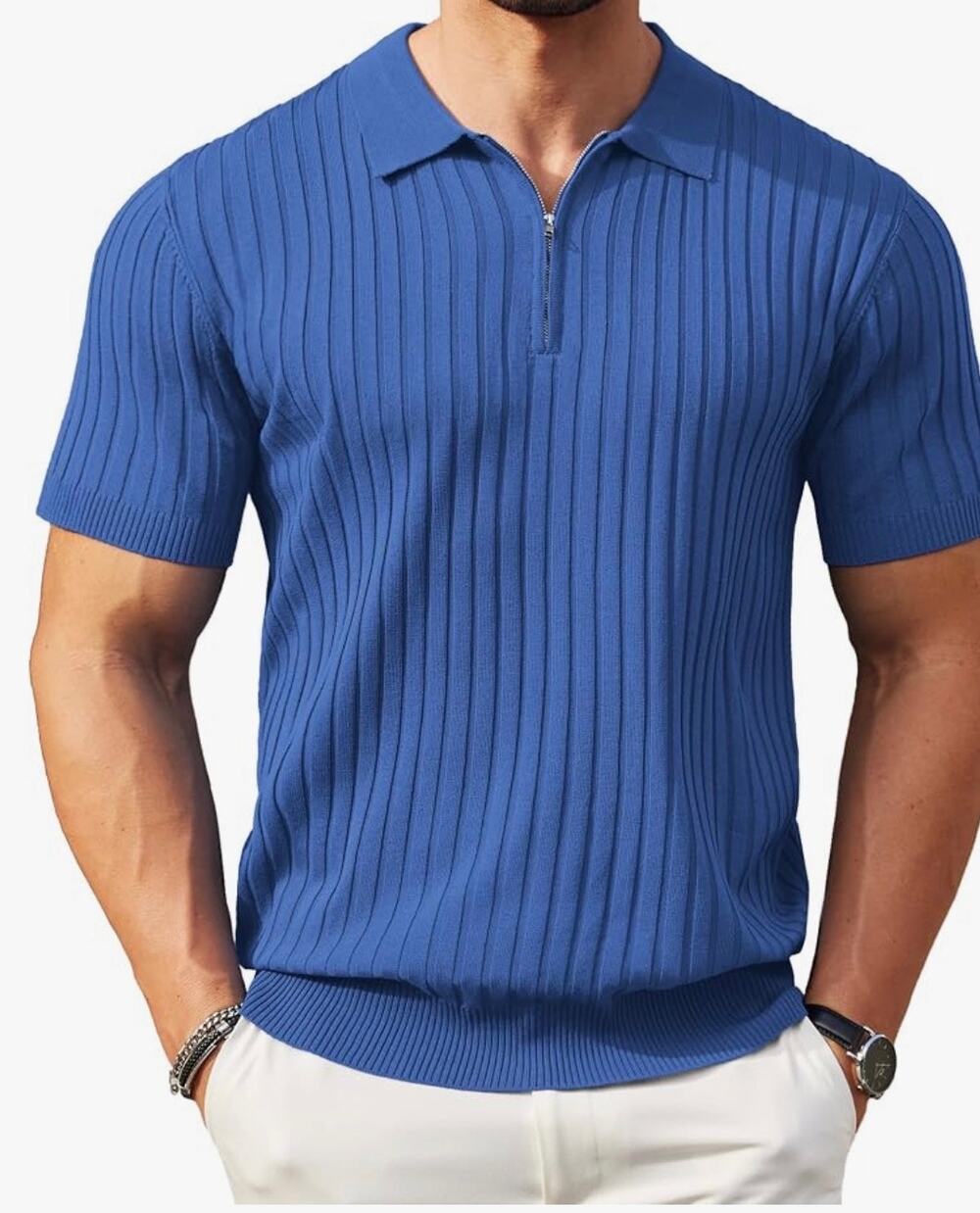 Coofandy Mens Blue Short Sleeve Quarter Zip Ribbed Knit Polo Shirt Size L New